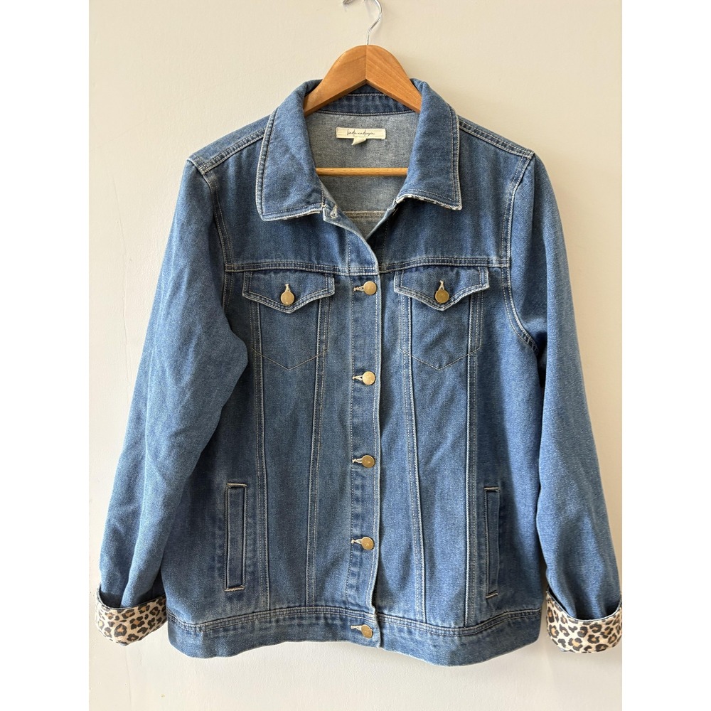 Linda Anderson Jacket Womens Large Blue Denim Leopard Cuff Collar Button Front
